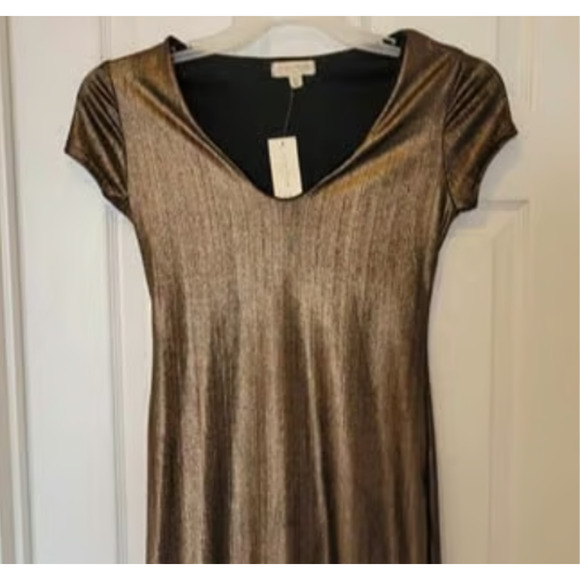 See You Monday Women M Gold bronze metallic V-neck Midi Dress NWT - Picture 2 of 8